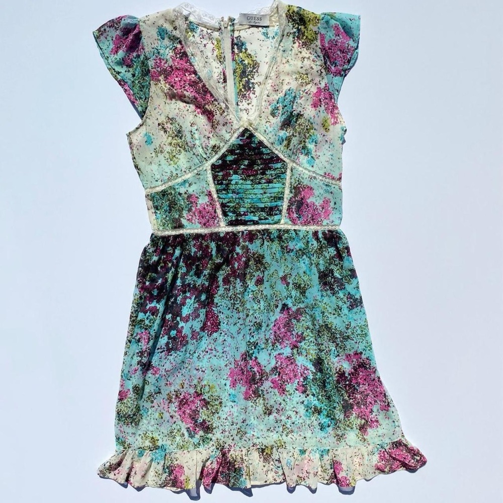 GUESS Floral Print Sheer See-through V-neck Dress with Cream Lace Womens Size 10